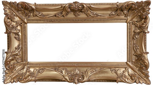 Fotografie Isolated ornate golden picture frame with intricate decorative carvings, classic