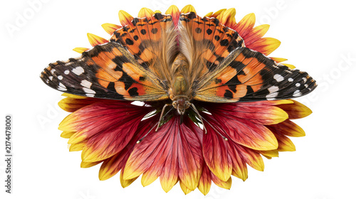 Foto Isolated close-up of beautiful painted lady butterfly with open wings on a color