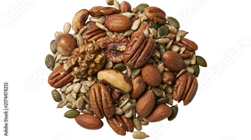 Photography Isolated nutritious mix of assorted nuts and seeds including pecans, walnuts, al