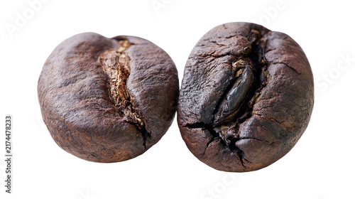 Obraz na plátne Isolated two whole dark roasted coffee beans close-up with rich texture, aromatic flavor