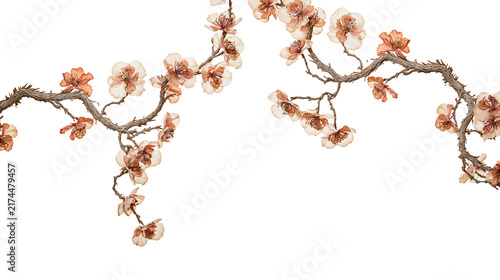 Cuadro en lienzo Isolated graceful flowering branch with intricate peach colored petals on a spar