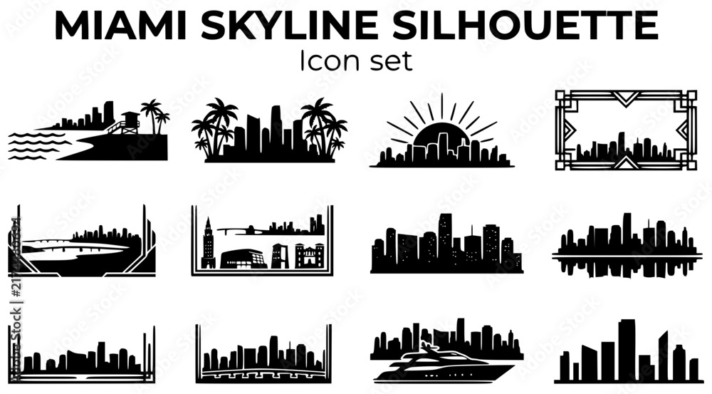 Fototapeta premium Miami City Skyline Silhouette Icon Set with Miami Beach, Palm Trees Skyline, Art Deco Frame and Miami Bay Scene, 10 Icons, Flat Vector
