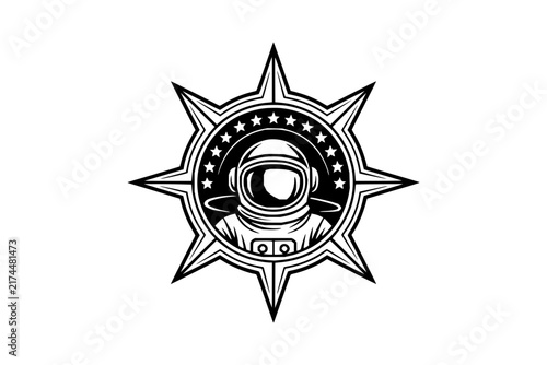 Astronaut in Space Helmet within Circular Star Emblem for Exploration Logo