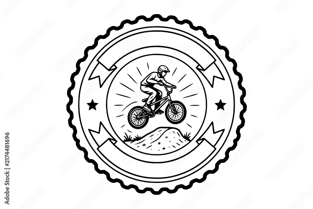 Fototapeta premium BMX bike stunt emblem with rider jumping over dirt mound in circular badge with banners