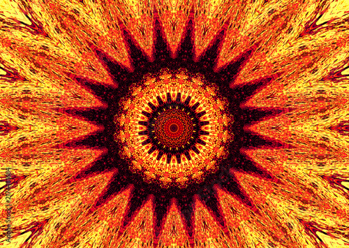 A vivid mandala features intricate geometric patterns radiating outward in warm hues. The circular design invites a sense of harmony and balance.