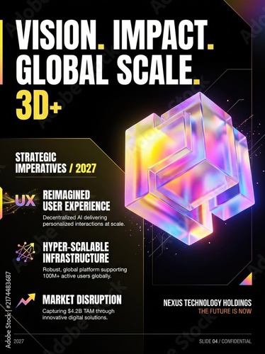 Futuristic technology business presentation slide, corporate strategy layout with 3D glass cube, digital transformation poster design