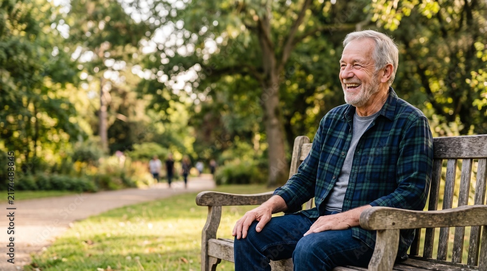 Fototapeta premium Elderly Man Laughing on Park Bench in Summer Sunlight
