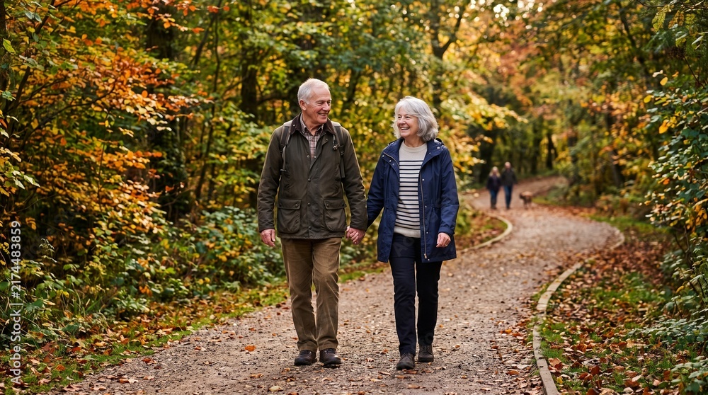 Fototapeta premium Happy senior couple holding hands walking on a forest path during autumn