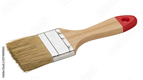 Foto Isolated new wooden handle paint brush with natural bristles and red tip for DIY