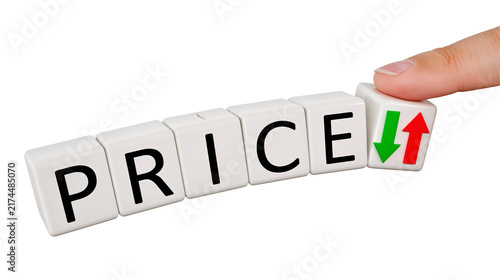 Konstfotografi Isolated hand pressing price change button illustrating market fluctuations and