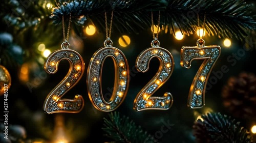 happy new year 2027 delicately from a Christmas tree branch. Each digit is intricately illuminated, casting a warm and inviting ambiance for 2027 year vreated with generative ai