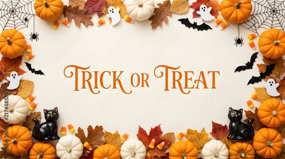 Fototapeta premium Trick or treat text surrounded by pumpkins autumn leaves and spooky halloween decorations on white background
