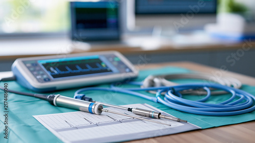 Cardiac electrophysiology catheter set with ECG leads and monitoring cables on sterile table in operating room, concept of arrhythmia treatment and catheter ablation, with copy