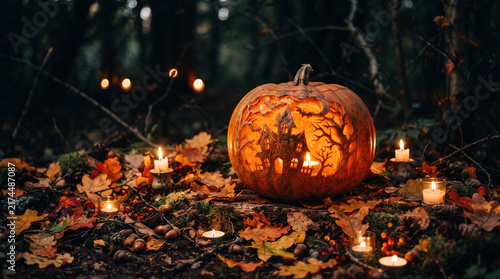Spooky Jack-o-Lantern Halloween Pumpkin on Black Background with Carved Scary Face, Warm Candlelight, Autumn Fall Decoration and Dark Holiday Atmosphere