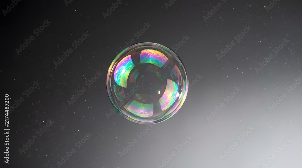 Naklejka premium A Single Iridescent Soap Bubble Floating Through a Dark Studio Space