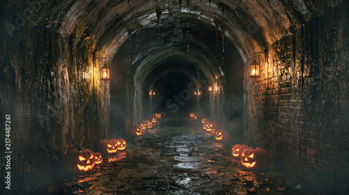 Dark Gothic Stone Tunnel with Arched Corridor and Dramatic Light at the End in Ancient Medieval Church Architecture
