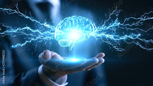 Businessman Holding Glowing AI Hologram Concept for Digital Transformation and Innovation Businessman holding a glowing artificial intelligence hologram in a dark futuristic enviro