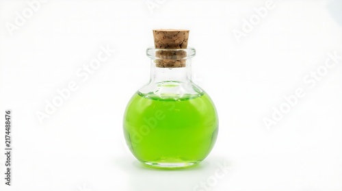 Small glass bottle filled with bright green liquid and a cork stopper for essential oils or natural spa products