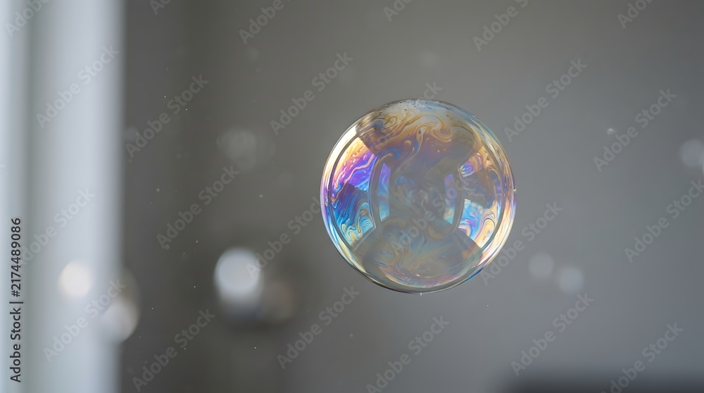Naklejka premium Single Iridescent Soap Bubble Floating in a Bright Interior Setting