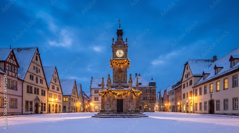 Obraz premium Christmas market square with illuminated clock tower and festive snow-covered village at dusk