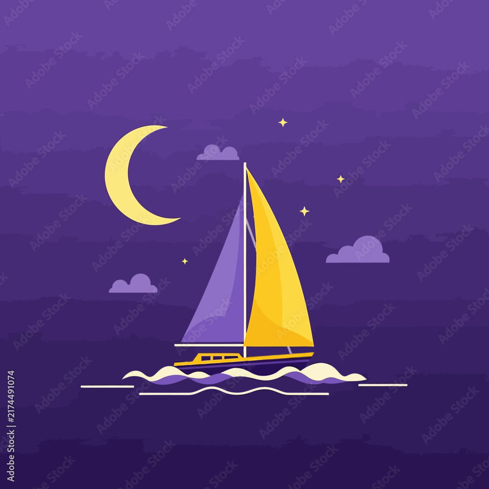 Naklejka premium Serene Night Sailboat Under A Crescent Moon And Starry Sky