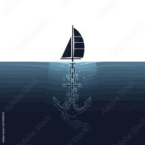 Sailing Vessel Above Sea With Anchor Below Water Line