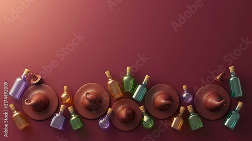 3D Halloween background with witch hats and magic potion bottles on dark red surface