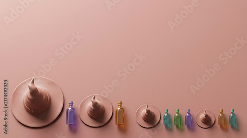 3D Halloween witch hats and colorful magic potion bottles on a soft pink background