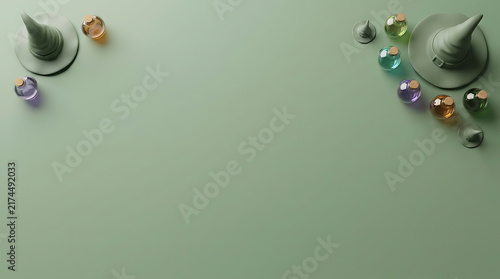Halloween background with 3D witch hats and colorful potion bottles for seasonal design