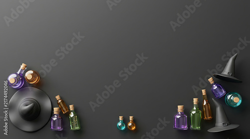 Halloween background with witch hats and magic potion bottles on dark grey surface