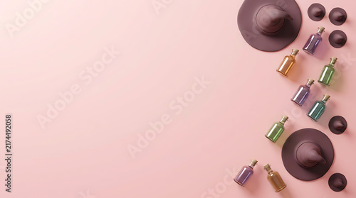 3D Halloween witch hats and magic potion bottles on a soft pink background