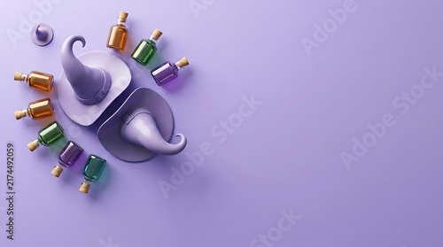 3D Halloween witch hat and colorful magic potion bottles on a purple background.