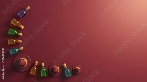 Halloween background with 3D witch hats and colorful magic potion bottles on dark red