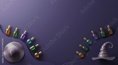 3D Halloween background with witch hats and magic potion bottles on purple surface