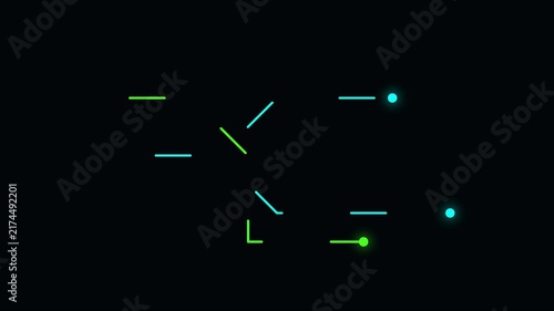 Minimalist digital hud interface with glowing neon data nodes and network lines animation 4k