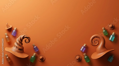 3D Halloween background with witch hats and magic potion bottles on orange surface