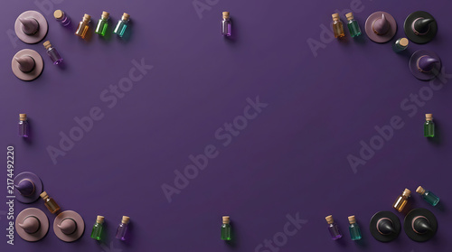 Halloween background with 3D witch hats and colorful magic potion bottles on purple