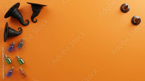 Halloween background with 3D witch hats and potion bottles on orange surface