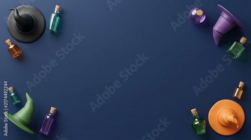 Halloween background with 3D witch hats and colorful magic potion bottles on dark blue