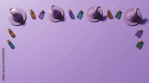 Halloween background with 3D witch hats and colorful magic potion bottles on purple surface