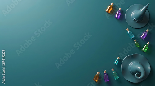 Halloween background with 3D witch hats and colorful magic potion bottles on dark teal