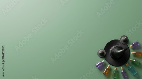 3D Halloween witch hat with colorful magic potion bottles on a green background