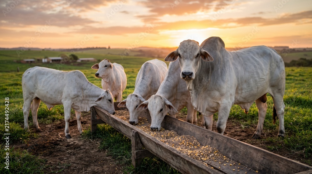 Obraz premium Herd of Nellore cattle feeding from a wooden trough in a green pasture at sunset. Professional livestock agriculture, golden hour light, and rural farming scene.