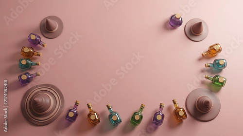 3D Halloween background with witch hats and colorful magic potion bottles on pink surface