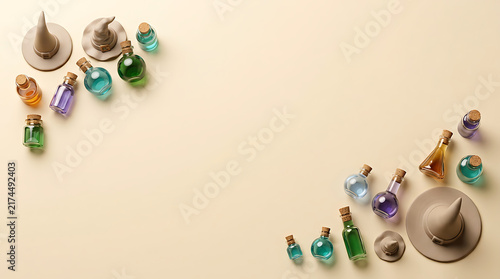 Halloween witch hats and colorful magic potion bottles on a beige background flat lay