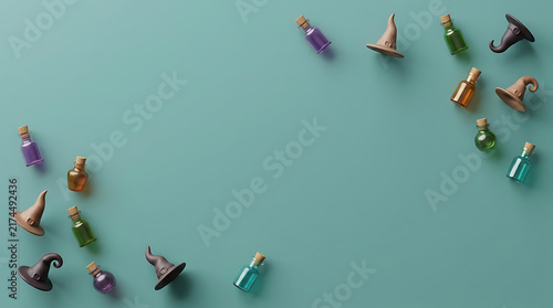 Halloween witch hats and potion bottles flat lay on a teal background for holiday design