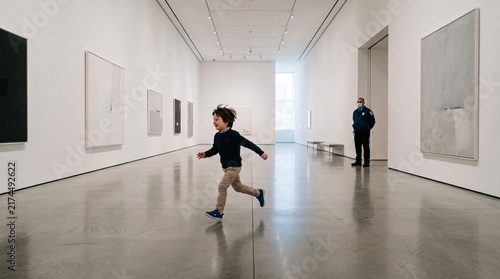 Joyful young boy runs through modern art gallery with security guard watching