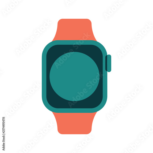 A digital smartwatch with a teal face