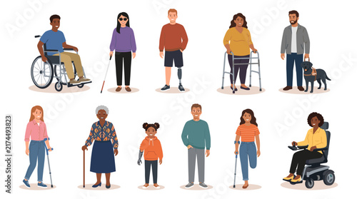 Diverse people with disabilities inclusive flat character set illustration