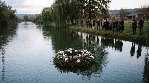 A group of people gather by a river to watch a floral wreath float away in a solemn ceremony